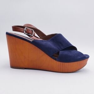 Lucky Brand Sandals Merrona Blue Platform Wedge Slingback Peep Sandal Size 11